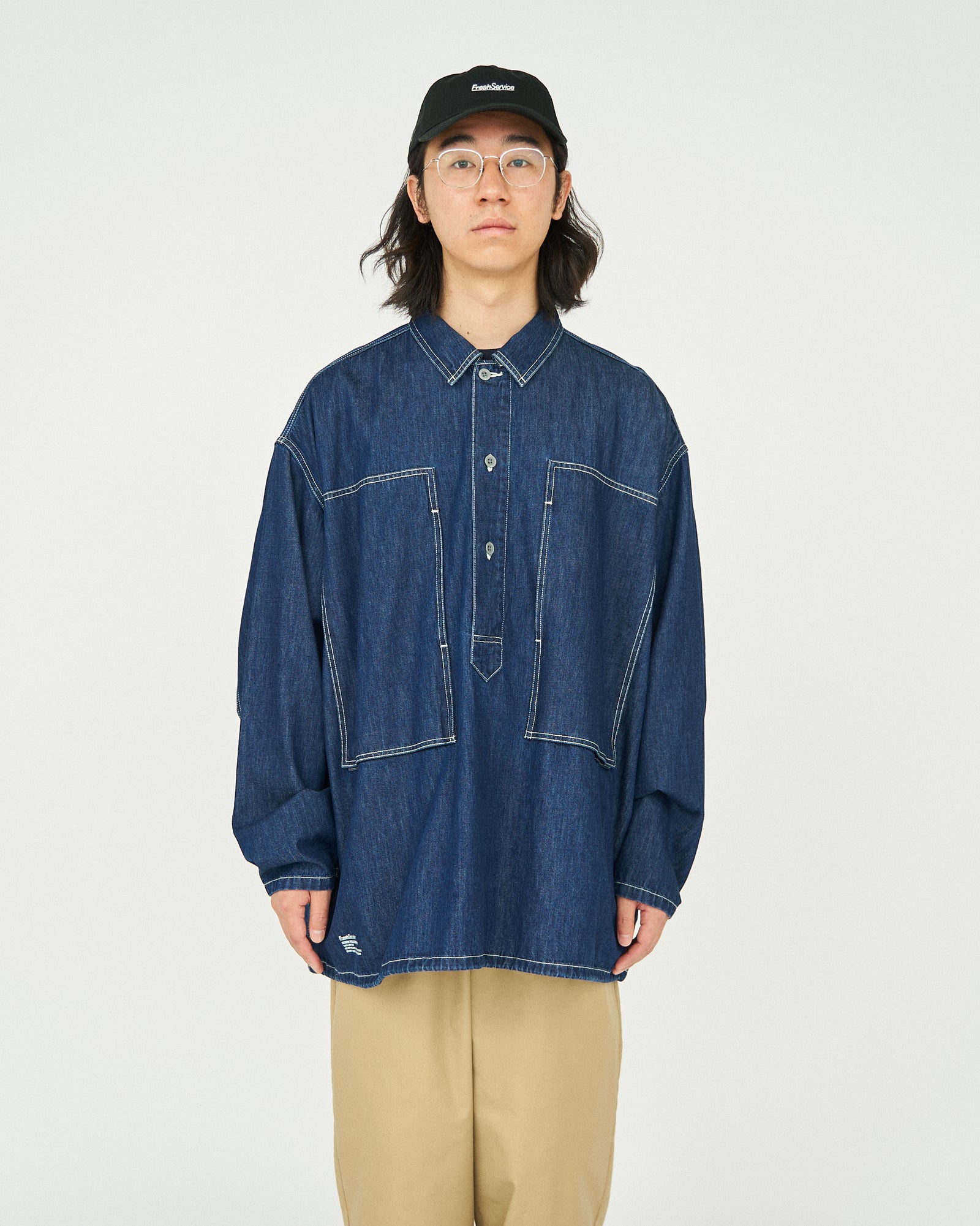 ② フレッシュサービス デニムプルオーバーシャツ Mサイズ ワンウォッシュ FreshService＞ DENIM PULLOVER SHIRT/デニムプルオーバーシャツ